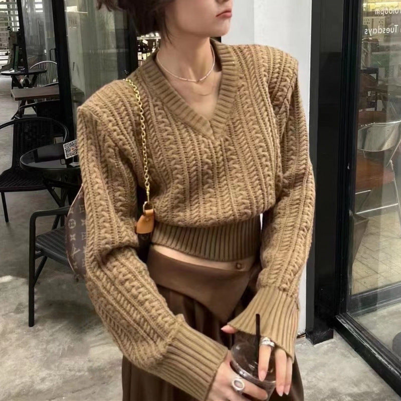 casual outfits High Waist Thread Pullover V-neck Tight Waist Short Twist Sweater Women's Fashionable Slimming Autumn and Winter New