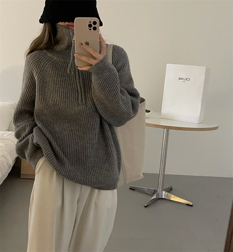 clothes Korean Style Half Zipper Sweater Women's Autumn and Winter New Style Pit Design Sense Stand Collar Soft Glutinous Loose Outer Wear Sweater Top