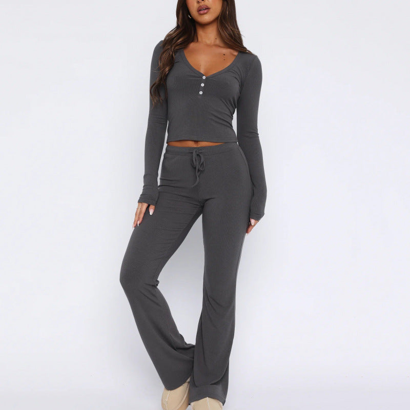 comfy school outfits 2024 Spring and Autumn New Suit Long Sleeve Button Solid Color Tight Top and Trousers Two-Piece Set for Women