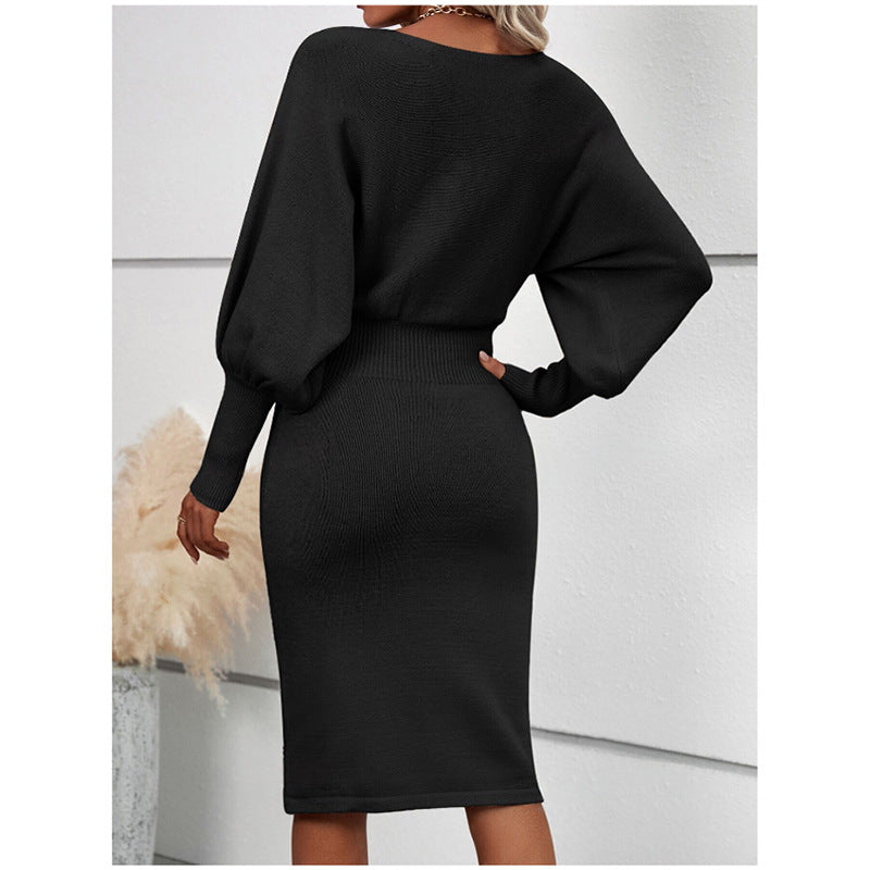 black sweater dress outfit Women's Knitted Sweater Dress Elegant round Neck Long Sleeve Sexy Solid Color Waist Slimming Sheath Skirt