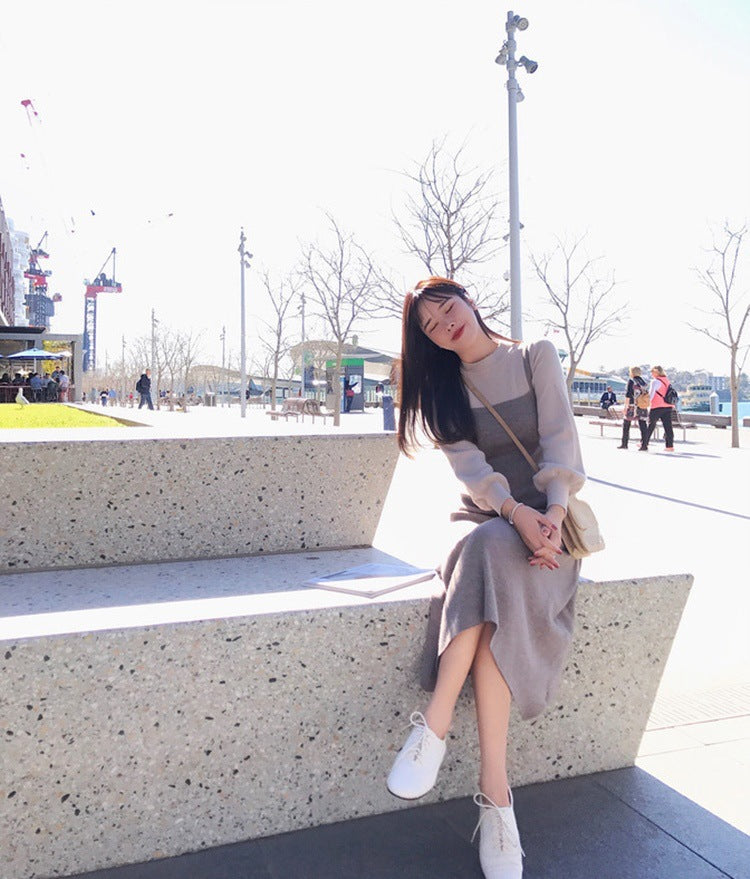 church outfit Autumn and Winter New Korean Gentle Style Fake Two-Piece Temperament Slimming Inner Base Strap Knitted Dress