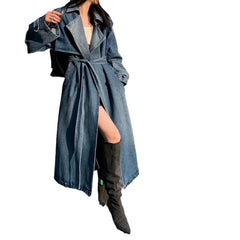 2000s fashion Street Fashion Autumn New Fashion Retro Loose Profile Lace-up Denim Trench Coat for Women