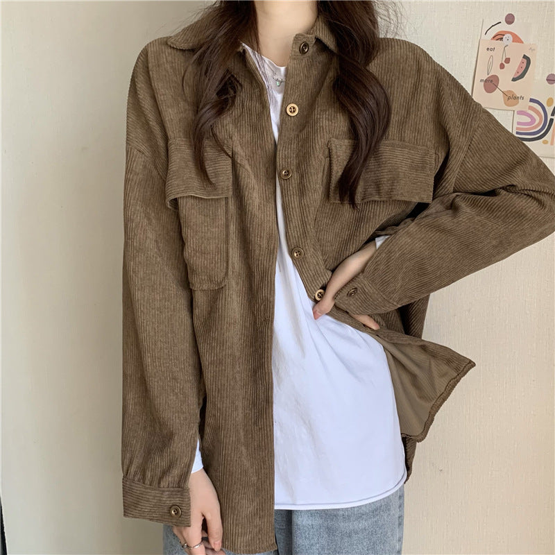 fall outfits aesthetic Early Spring Loose Mid-Length Shirt Retro Hong Kong Style Long Sleeve Corduroy Coat Women's Clothing Design Sense Niche Shirt