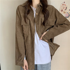 fall outfits aesthetic Early Spring Loose Mid-Length Shirt Retro Hong Kong Style Long Sleeve Corduroy Coat Women's Clothing Design Sense Niche Shirt