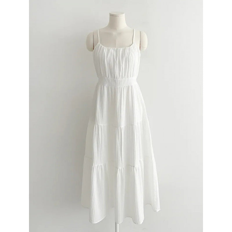church outfit Chic Korean Style Summer French Gentle Sweet Square Collar Pleated Holiday Casual Cake Skirt Sling Dress