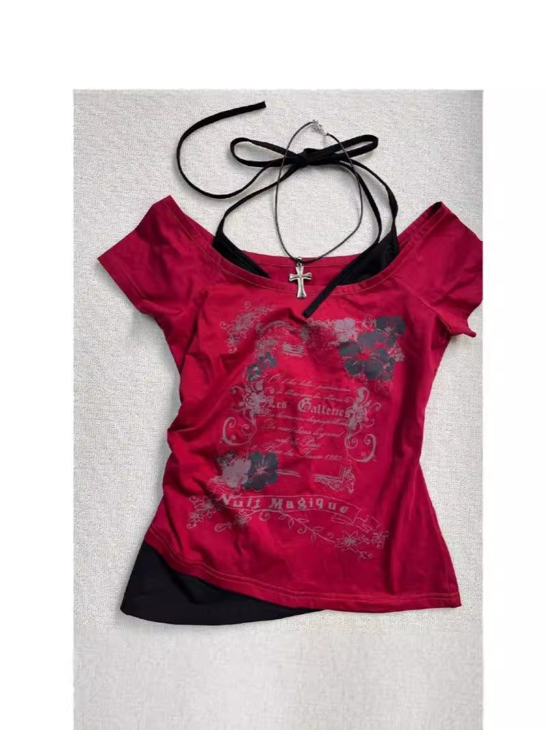 fashion outfits Feishi Style Retro Vintage Halter Fake Two-Piece Short-Sleeved T-shirt Mid-Ancient Summer Short Top