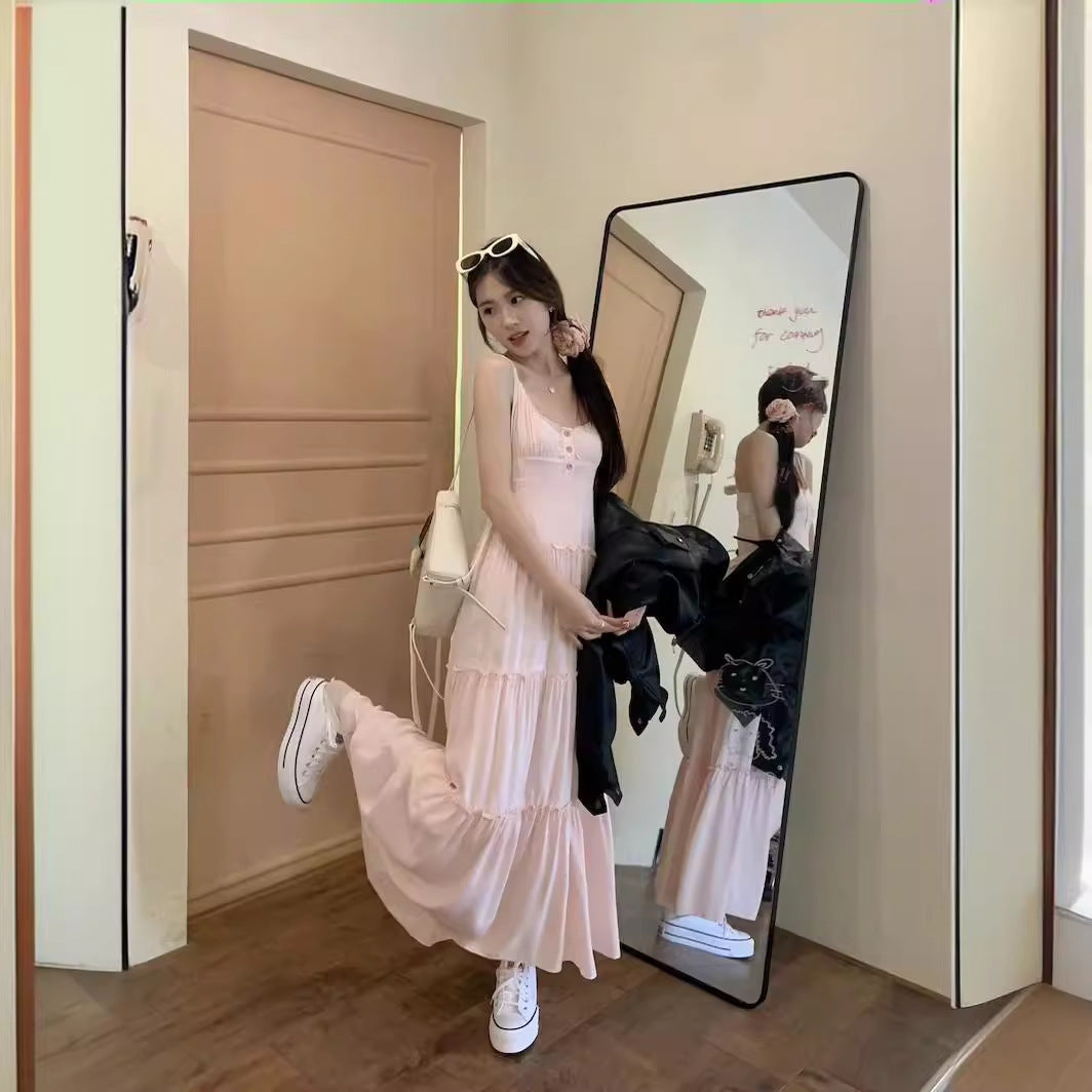 church outfit Pink Strap Dress Women's Summer New Tight Waist Skirt Small French Gentle Style A- line Dress Long Skirt