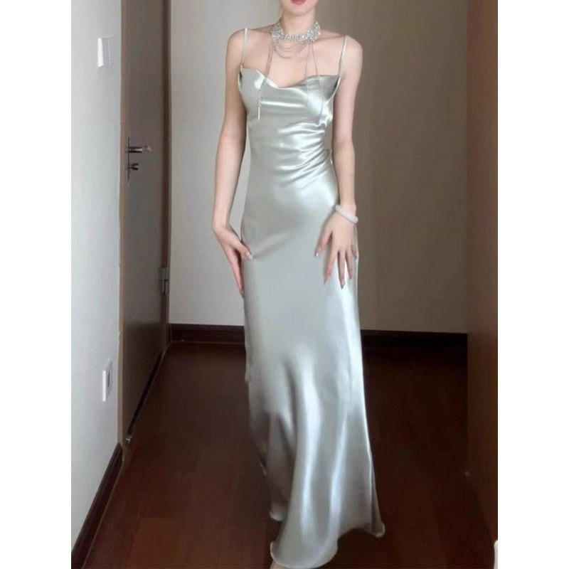 dresses French Style Elegant Satin Sling Dress Women's 2024 Summer New Design Waist-Tight Sheath Dress