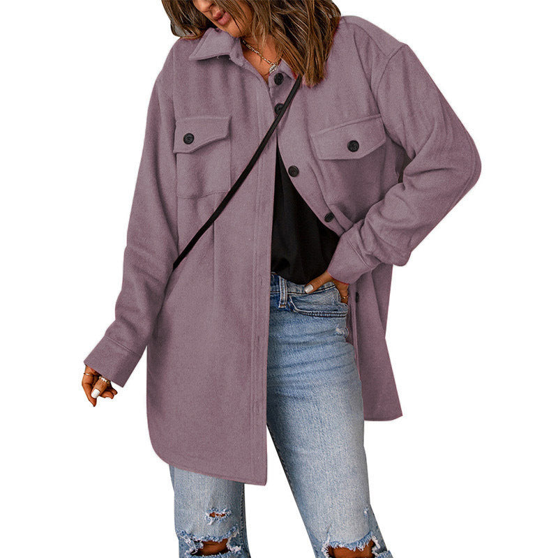 Corduroy Coat for Women Winter New Solid Color Single-Breasted Casual Lapel Woolen Coat for Women