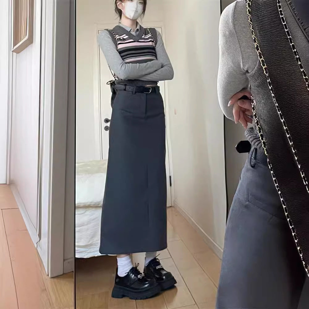business casual outfits Plus Size Chubby Girl High-Grade Gray Skirt Women's New High Waist Suit Skirt Loose Slimming Mid-Length A- line Skirt
