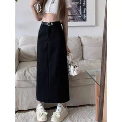 business casual outfits Gray A- line Skirt for Women plus Size Chubby Girl High Waist Slimming Mid-Length Suit Skirt for Summer