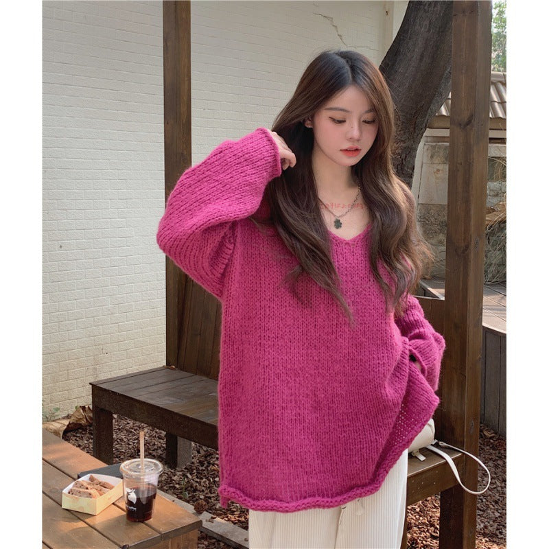2000s fashion Korean Style Lazy V-neck Pullover Split on Both Sides Slimming Long Sleeve Sweater