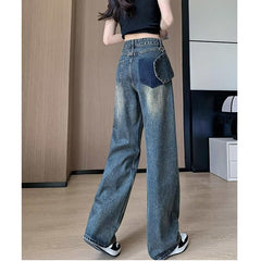 guys clothing styles American Retro Distressed Washed Jeans Women's Autumn Draping Straight Trousers Loose Slimming Wide-Leg Pants Fashion
