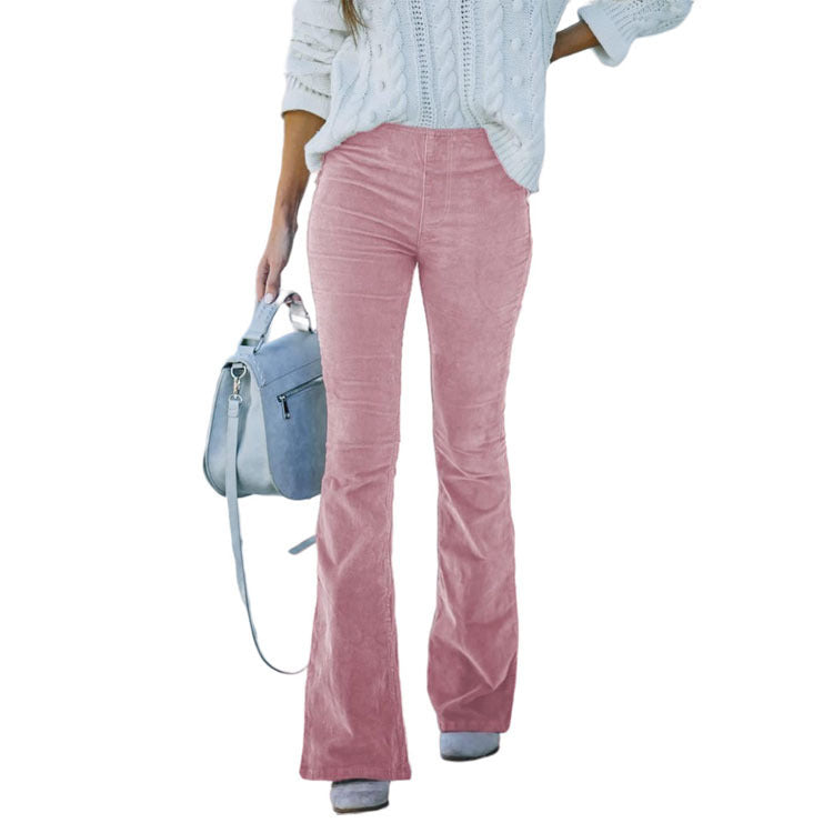 fall fits 2024 Spring and Summer Women's Solid Color High Waist Slim Micro Flared Pants Corduroy Elastic Waist Casual Pants