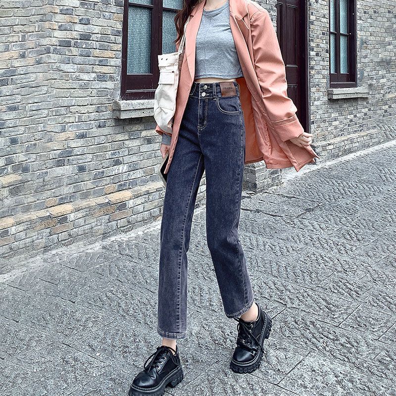 fashion outfits Jeans High Waist Women's Summer Retro Straight Autumn Elastic Double Buckle Cropped Small Pipe Pants Fashion