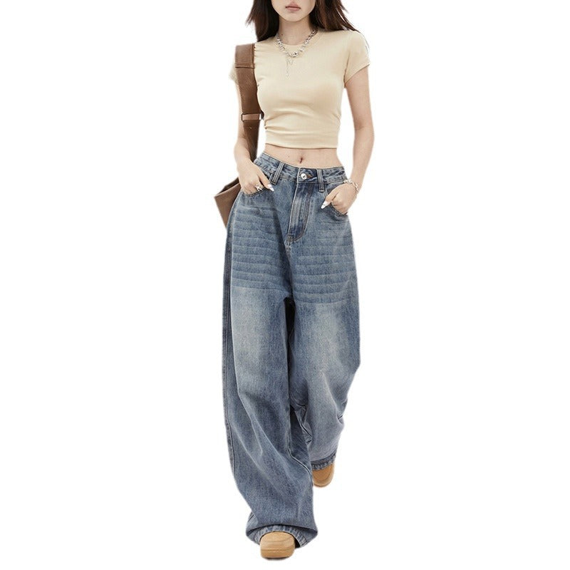 going out outfits 2391 Retro Loose Wide-Leg Jeans New Summer High Waist American Draping Straight Slimming Mop Pants Fashion