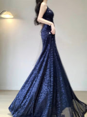 BXOXO Chic Mermaid Spaghetti Straps Sequin Blue Prom Dress Birthday Dresses Birthday Outfits HOT1162