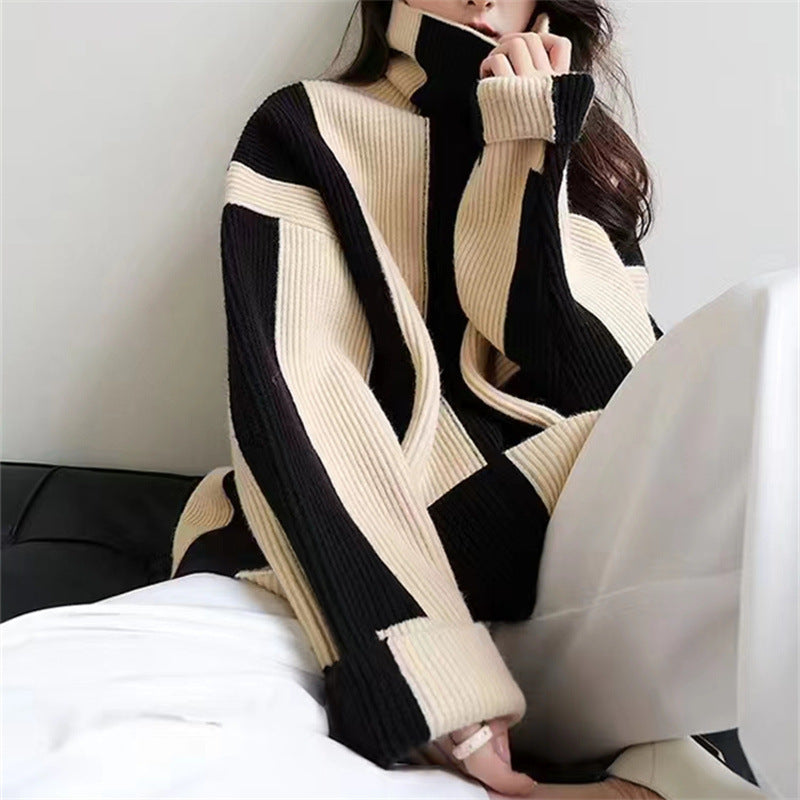 2000s fashion Korean Style Elegant All-Match Black and White Striped Sweater Women's Autumn and Winter New Loose Lazy Style Turtleneck Pullover Sweater