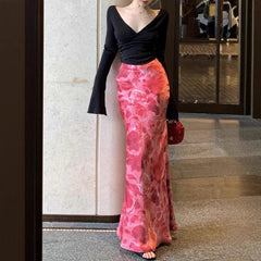 hoco dresses Sexy Hot Girl Deep V-neck Cross Sweater Vintage Satin Printed Fishtail Skirt Suit