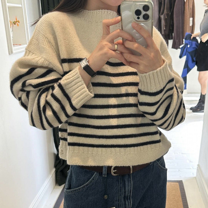 style Korean Style Women's Clothing Eight Milk Autumn and Winter Striped Shorts Loose Sweater Sweater Top