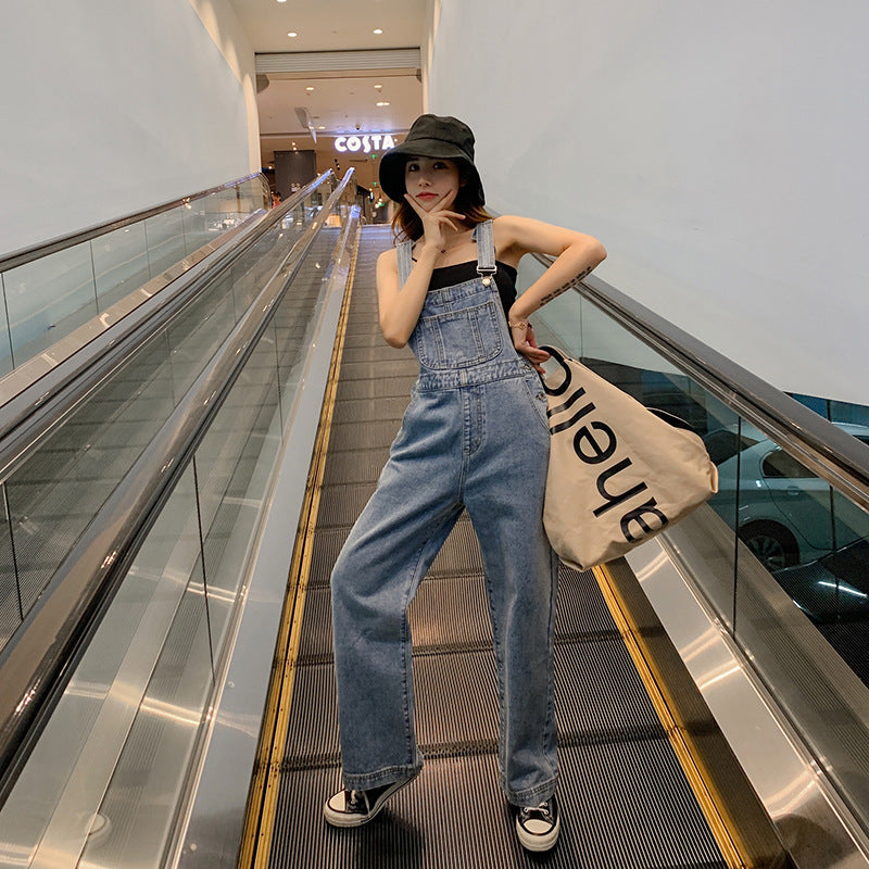 summer outfits inspo Internet Celebrity Retro Straight Denim Suspender Pants Women's Summer Korean Style Hong Kong Style Loose Draping Western Style Age-Reducing Wide Leg Pants