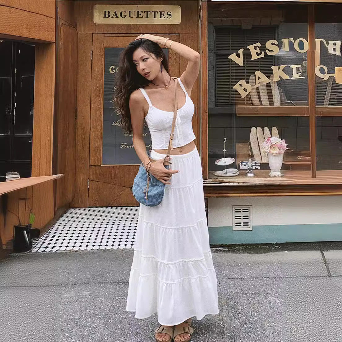 concert outfit Summer New French Retro Temperament Suit Women's Sexy White Strap Top Skirt Two-Piece Set