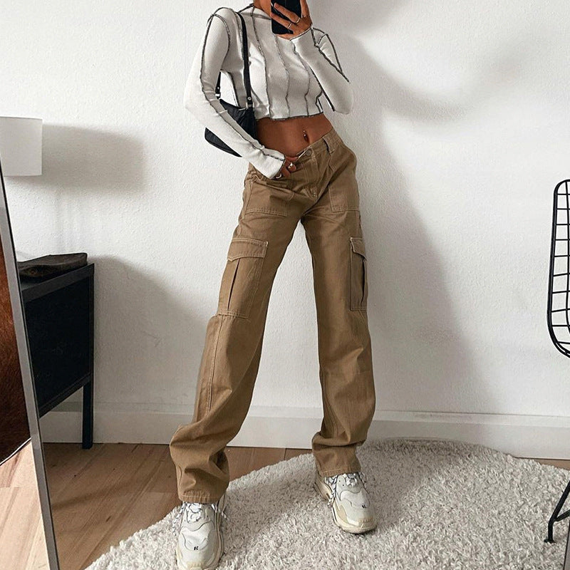 college outfits Women's Street Fashion Multi-Pocket Workwear Straight Trousers High Waist Slimming Loose Khaki Jeans for Women