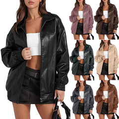 joker costume female outfit PU Leather Jacket Long Sleeve Lapel Zipper Side Pocket Casual Windbreaker Coat for Women