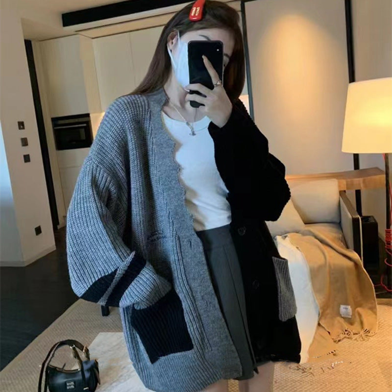 cold weather outfits Contrast Color Stitching Knitted Cardigan 2024 Autumn and Winter Korean Style Large Loose Lazy Style Sweater Coat