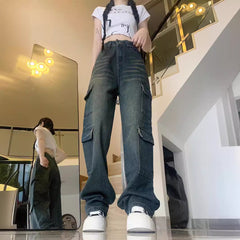 dress to impress outfits Distressed Overalls Low Waist Jeans Women's Autumn Trousers Small Loose Straight Wide Leg Mopping Pants