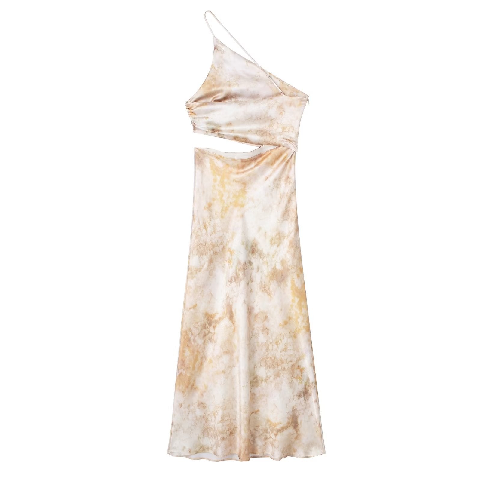 pretty halloween costumes Style Women's Clothing New Waist Opening Design Printing Oblique Shoulder Advanced Silk Satin Texture Dress