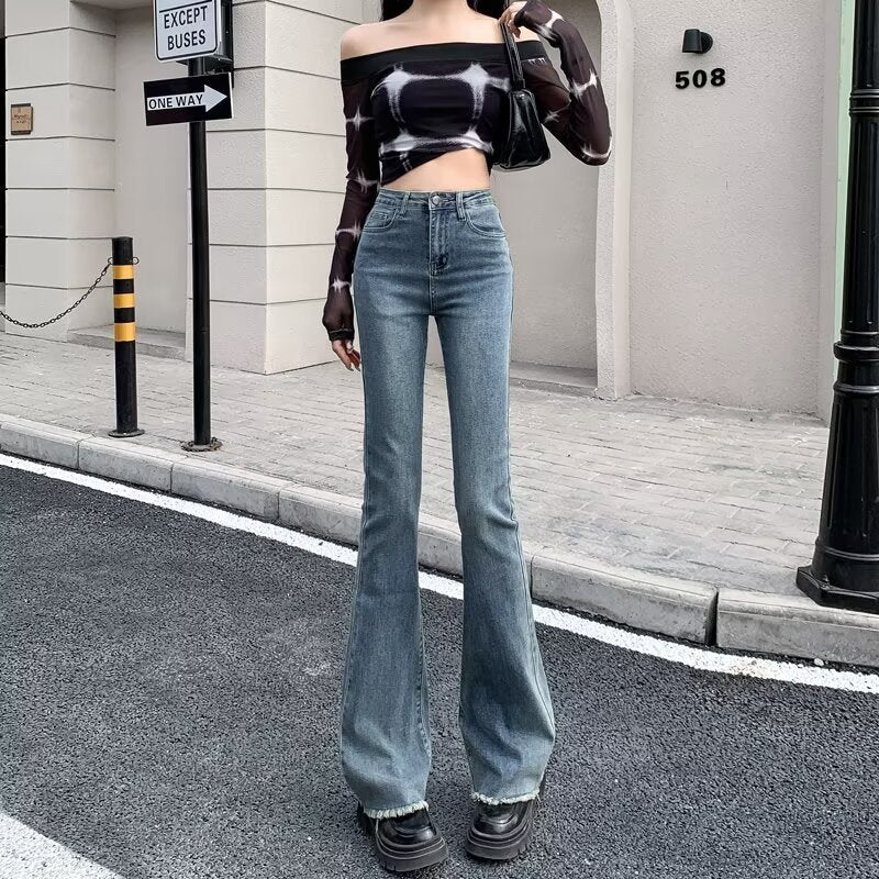 fall outfits women Spring and Autumn Retro Blue Micro Flared Pants Women's High Waist Slimming Wide Leg American Hot Girl Frayed Horseshoe Pants Autumn Stretch Pants