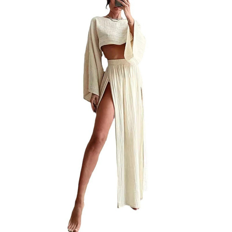 outfit ideas Leisure Vacation Linen Blend Short Top High Waist Chic Slit Cotton Linen Casual Two-Piece Set Suit