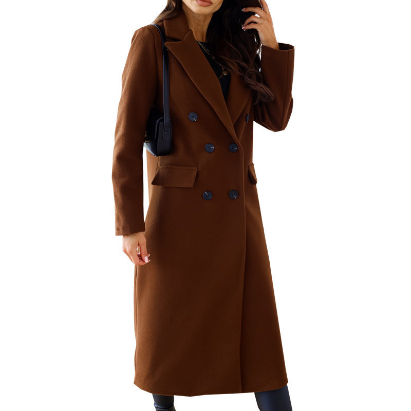 Autumn and Winter New Women's Simple Double-Breasted Long-Sleeved Lapel Button Woolen Coat