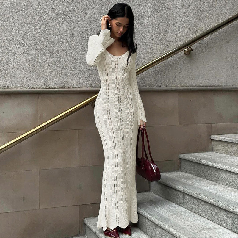 suit Style Solid Color Woolen Dress 2024 Autumn Long Sleeve U Collar Fashion Temperament Slim Fit Dress