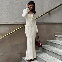 suit Style Solid Color Woolen Dress 2024 Autumn Long Sleeve U Collar Fashion Temperament Slim Fit Dress