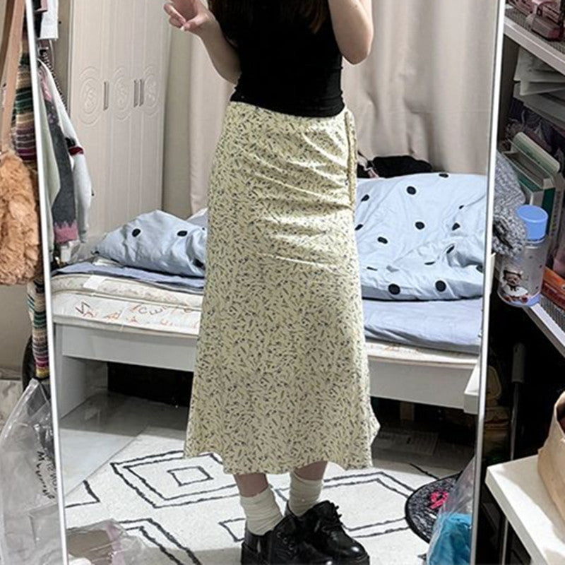 fall outfits women Slim-Fit High Waist Elegant Slimming Midi Skirt Lace-up Hip Skirt French Style Fresh Pastoral Floral Skirt for Women