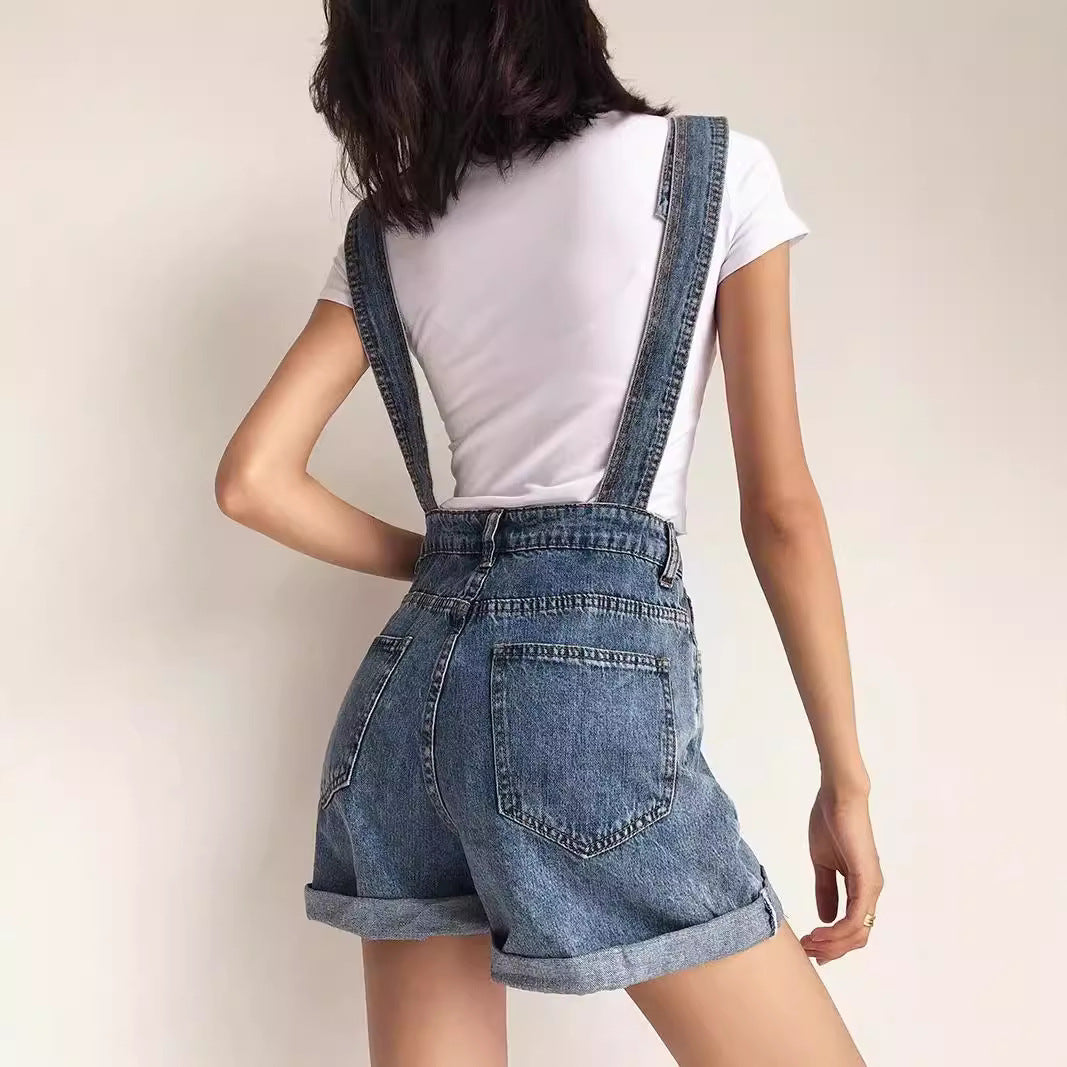 Summer Korean Style Student Denim Suspender Pants Women's Preppy Style Wide Leg Shorts Loose Curling Denim Tide