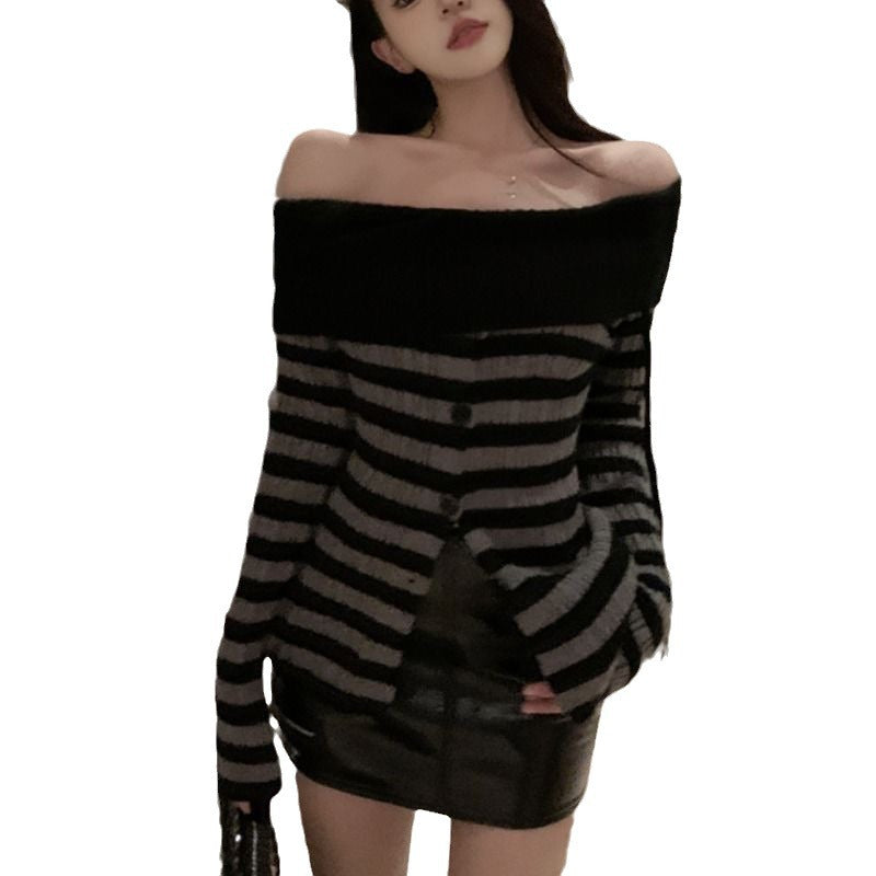 long sweater dress outfit Off-Neck Striped Pleated Sweater Women's Chic Slim Top Autumn Short Long Sleeve