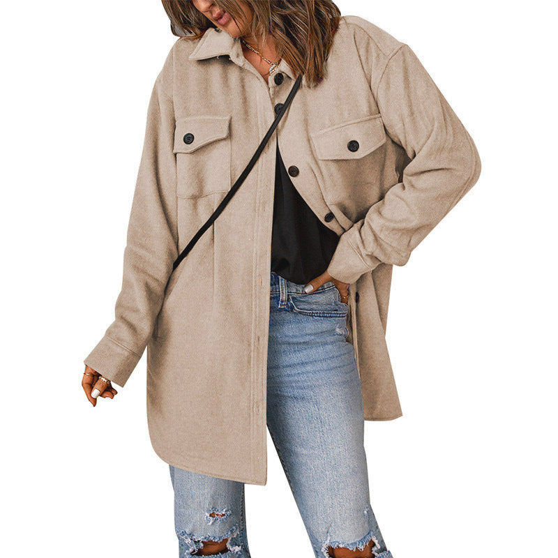 Corduroy Coat for Women Winter New Solid Color Single-Breasted Casual Lapel Woolen Coat for Women
