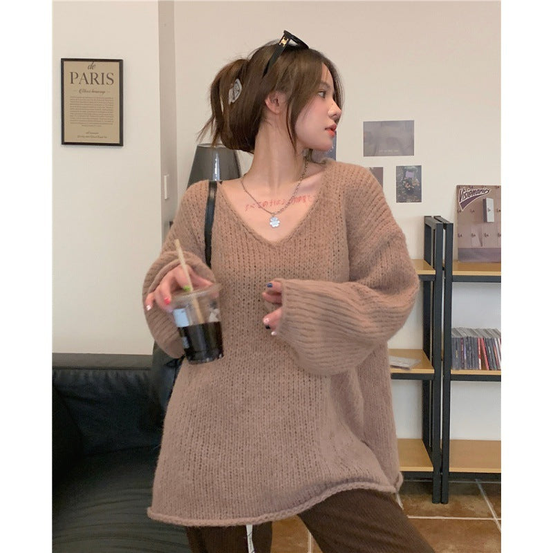 2000s fashion Korean Style Lazy V-neck Pullover Split on Both Sides Slimming Long Sleeve Sweater