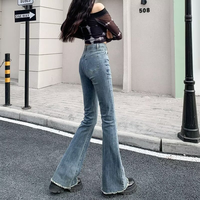 fall outfits women Spring and Autumn Retro Blue Micro Flared Pants Women's High Waist Slimming Wide Leg American Hot Girl Frayed Horseshoe Pants Autumn Stretch Pants