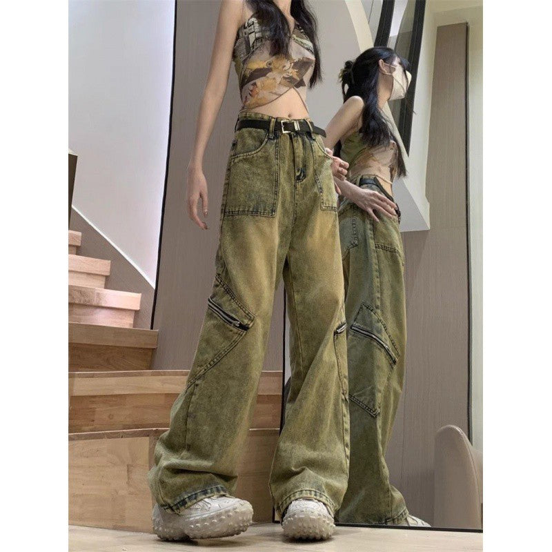 tailgate outfit black women American-Style Retro Draping Jeans Women's Autumn Washed Distressed Loose Workwear Straight Wide-Leg Pants