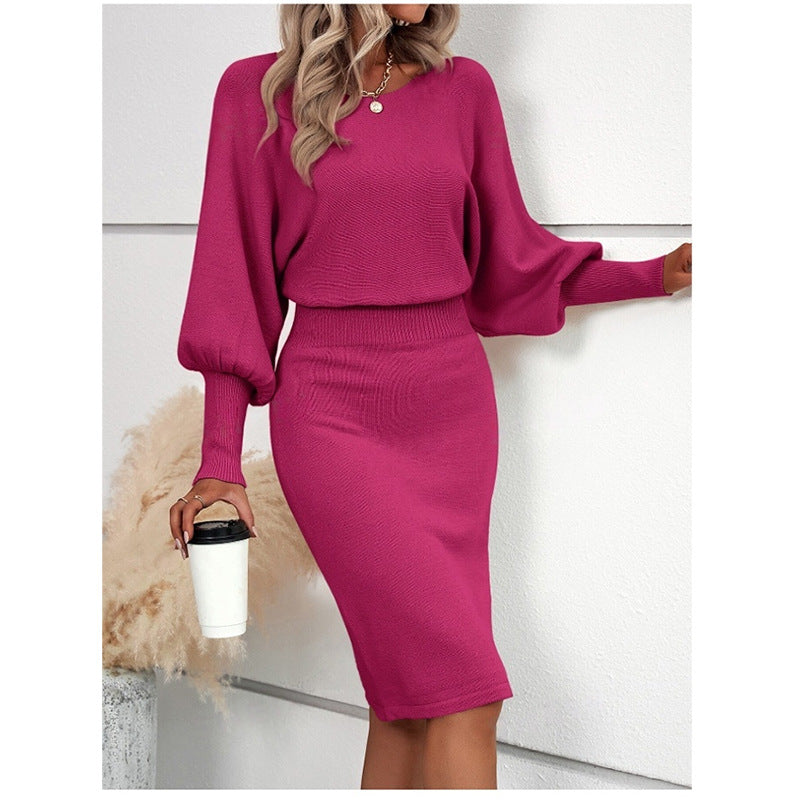 black sweater dress outfit Women's Knitted Sweater Dress Elegant round Neck Long Sleeve Sexy Solid Color Waist Slimming Sheath Skirt