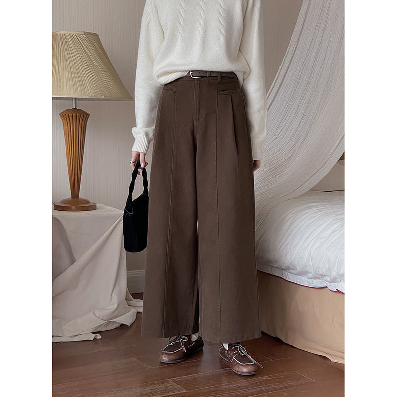 fall outfits women Pear-Shaped Song Ming Vintage Brushed Casual Pants Women's Autumn Straight Wide-Leg Pants