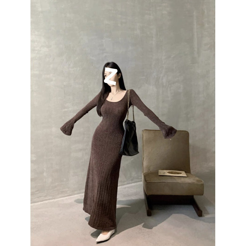 fashion outfits Early Autumn Brown Long-Sleeved Knitted Dress Women's Slim-Fit Draping Tight Waist A- line Midi Dress Retro Elegant Skirt