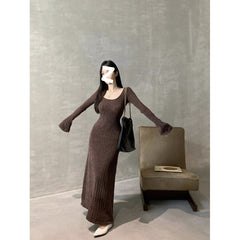 fashion outfits Early Autumn Brown Long-Sleeved Knitted Dress Women's Slim-Fit Draping Tight Waist A- line Midi Dress Retro Elegant Skirt