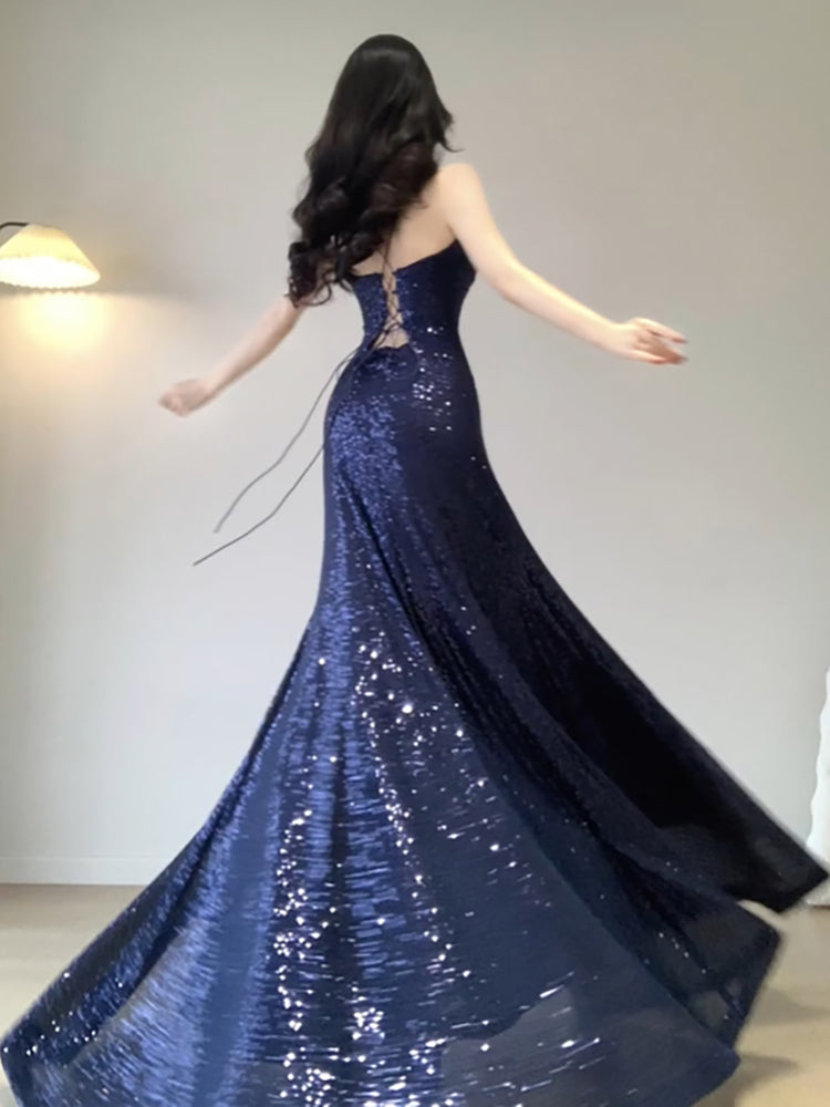 BXOXO Chic Mermaid Spaghetti Straps Sequin Blue Prom Dress Birthday Dresses Birthday Outfits HOT1162