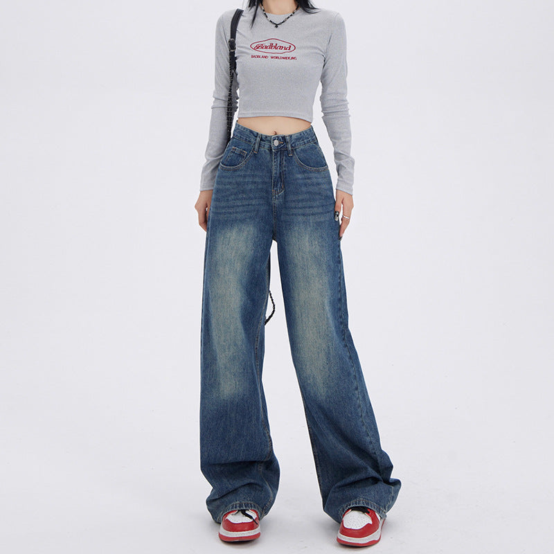 90s fashion Blue and Gray Wide-Leg Jeans for Women Spring and Autumn New High Waist Straight Loose Mop Pants American Retro