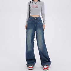 going out outfits Blue and Gray Wide-Leg Jeans for Women Spring and Autumn New High Waist Straight Loose Mop Pants American Retro